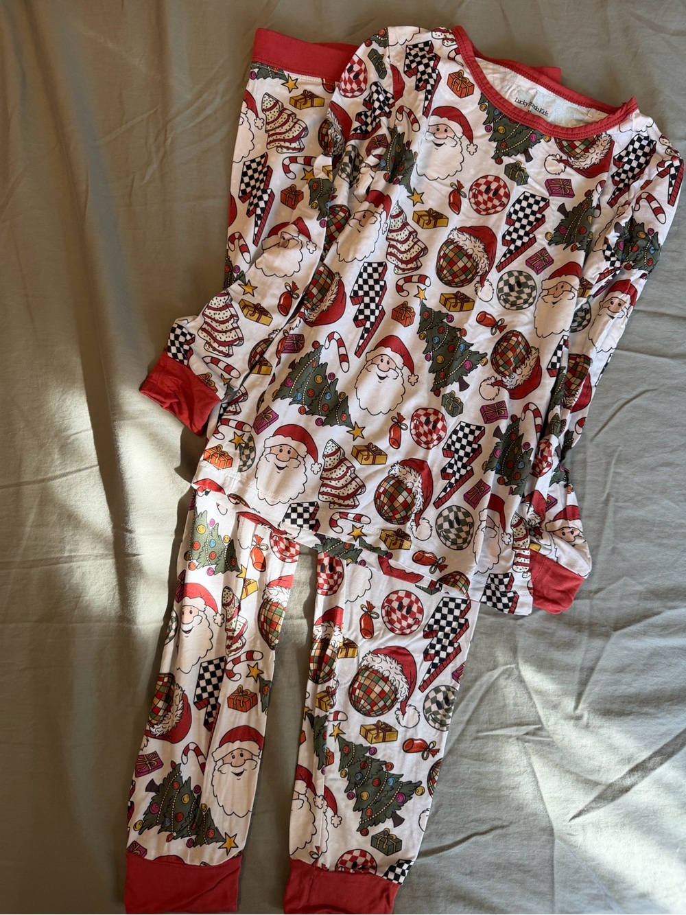 Lucky Panda Kids Christmas Santa & Tree Pajama Set - Red Trim